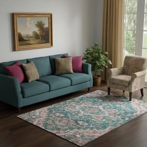 HomeRoots 5' X 8' Floral Medallion Rug in Emerald, Beige & Teal - Washable, UV Protected, Stain Resistant Design 664740