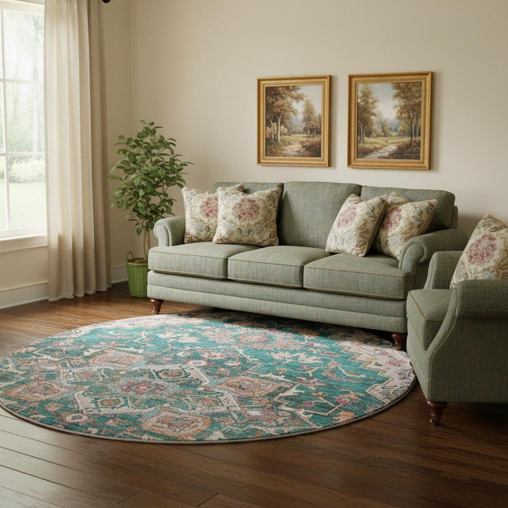 HomeRoots 8' Elegant Floral Medallion Round Rug in Emerald, Beige & Teal - Washable, UV Protected & Stylish 664741