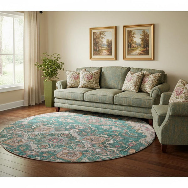HomeRoots 8' Elegant Floral Medallion Round Rug in Emerald, Beige & Teal - Washable, UV Protected & Stylish 664741