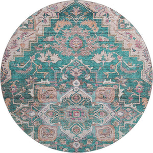 HomeRoots 8' Elegant Floral Medallion Round Rug in Emerald, Beige & Teal - Washable, UV Protected & Stylish 664741