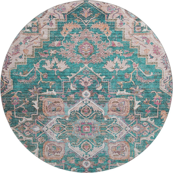 HomeRoots 8' Elegant Floral Medallion Round Rug in Emerald, Beige & Teal - Washable, UV Protected & Stylish 664741