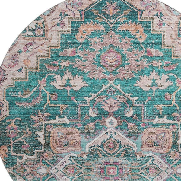 HomeRoots 8' Elegant Floral Medallion Round Rug in Emerald, Beige & Teal - Washable, UV Protected & Stylish 664741