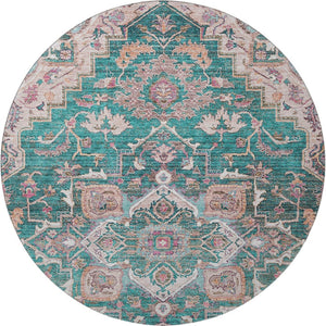 HomeRoots 8' Elegant Floral Medallion Round Rug in Emerald, Beige & Teal - Washable, UV Protected & Stylish 664741