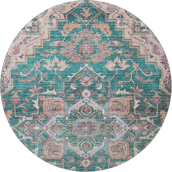 HomeRoots 8' Elegant Floral Medallion Round Rug in Emerald, Beige & Teal - Washable, UV Protected & Stylish 664741