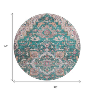 HomeRoots 8' Elegant Floral Medallion Round Rug in Emerald, Beige & Teal - Washable, UV Protected & Stylish 664741