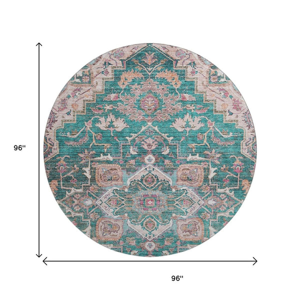 HomeRoots 8' Elegant Floral Medallion Round Rug in Emerald, Beige & Teal - Washable, UV Protected & Stylish 664741