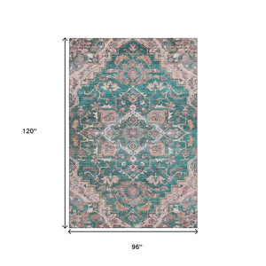 HomeRoots 8' X 10' Elegant Floral Medallion Area Rug in Emerald, Beige & Teal - Washable with UV Protection 664742