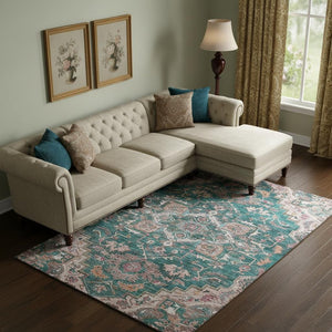 HomeRoots 8' X 10' Elegant Floral Medallion Area Rug in Emerald, Beige & Teal - Washable with UV Protection 664742