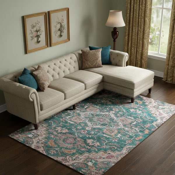 HomeRoots 8' X 10' Elegant Floral Medallion Area Rug in Emerald, Beige & Teal - Washable with UV Protection 664742
