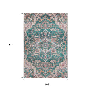 HomeRoots 9' X 12' Floral Medallion Area Rug in Emerald Beige & Teal - Washable, Stain Resistant, UV Protected! 664743
