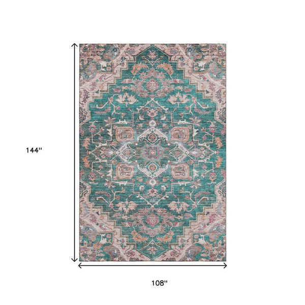 HomeRoots 9' X 12' Floral Medallion Area Rug in Emerald Beige & Teal - Washable, Stain Resistant, UV Protected! 664743