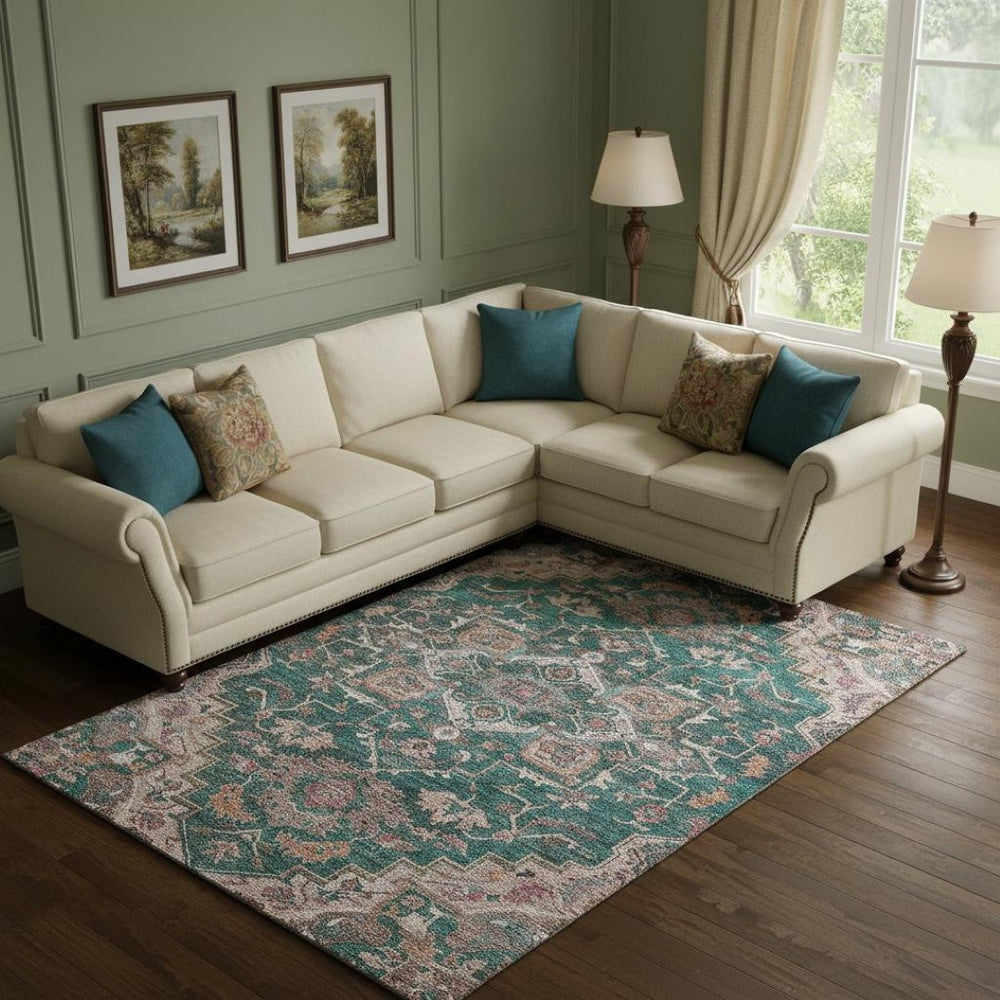 HomeRoots 9' X 12' Floral Medallion Area Rug in Emerald Beige & Teal - Washable, Stain Resistant, UV Protected! 664743