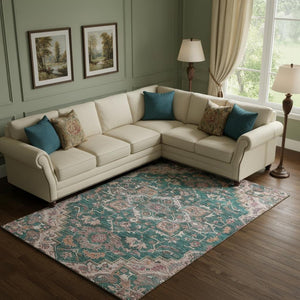 HomeRoots 9' X 12' Floral Medallion Area Rug in Emerald Beige & Teal - Washable, Stain Resistant, UV Protected! 664743