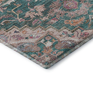 HomeRoots 9' X 12' Floral Medallion Area Rug in Emerald Beige & Teal - Washable, Stain Resistant, UV Protected! 664743