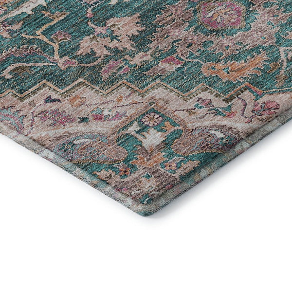 HomeRoots 9' X 12' Floral Medallion Area Rug in Emerald Beige & Teal - Washable, Stain Resistant, UV Protected! 664743
