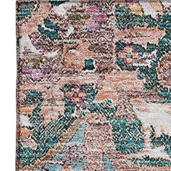 HomeRoots 9' X 12' Floral Medallion Area Rug in Emerald Beige & Teal - Washable, Stain Resistant, UV Protected! 664743