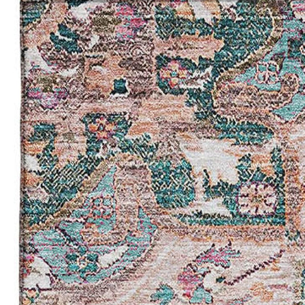 HomeRoots 9' X 12' Floral Medallion Area Rug in Emerald Beige & Teal - Washable, Stain Resistant, UV Protected! 664743