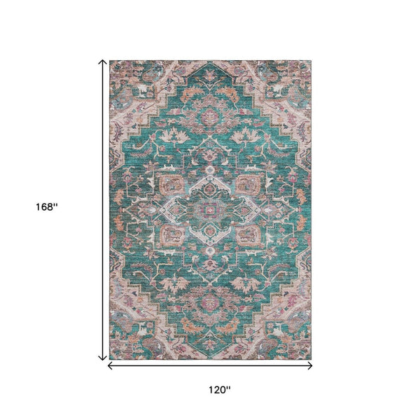 HomeRoots 10' X 14' Elegant Floral Medallion Area Rug in Emerald, Beige & Teal - Washable & UV Protected! 664744