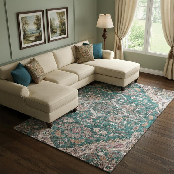 HomeRoots 10' X 14' Elegant Floral Medallion Area Rug in Emerald, Beige & Teal - Washable & UV Protected! 664744