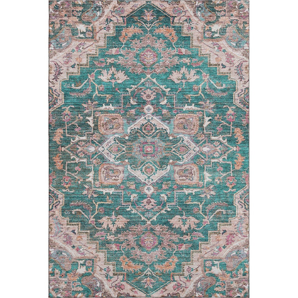 HomeRoots 10' X 14' Elegant Floral Medallion Area Rug in Emerald, Beige & Teal - Washable & UV Protected! 664744