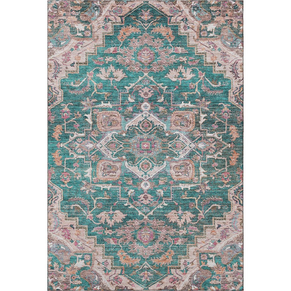 HomeRoots 10' X 14' Elegant Floral Medallion Area Rug in Emerald, Beige & Teal - Washable & UV Protected! 664744