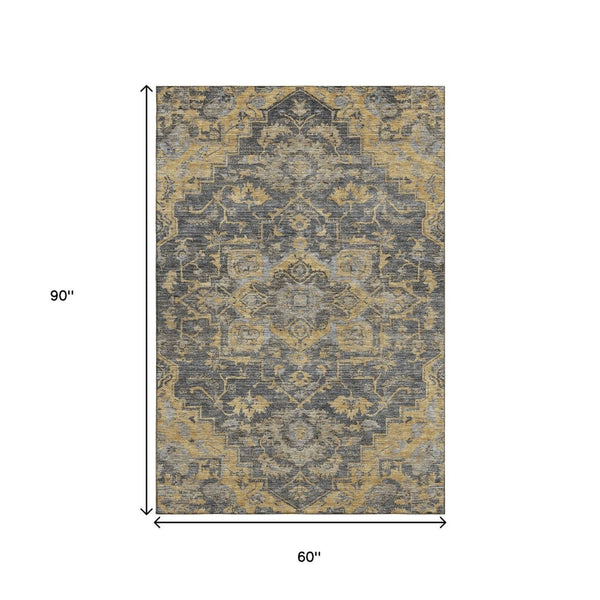 HomeRoots 5' X 8' Elegant Gray Gold & Silver Floral Medallion Area Rug – Washable, UV-Protected, Durable Design 664746