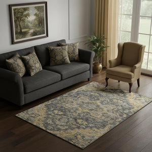 HomeRoots 5' X 8' Elegant Gray Gold & Silver Floral Medallion Area Rug – Washable, UV-Protected, Durable Design 664746
