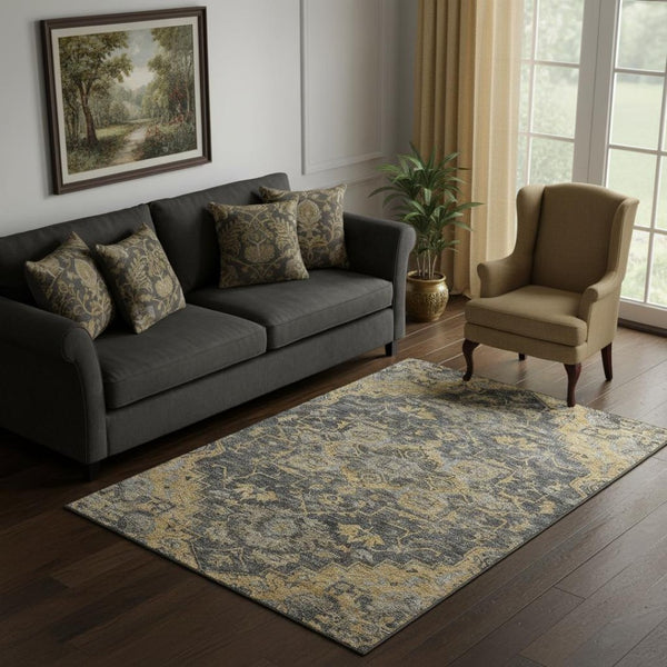 HomeRoots 5' X 8' Elegant Gray Gold & Silver Floral Medallion Area Rug – Washable, UV-Protected, Durable Design 664746