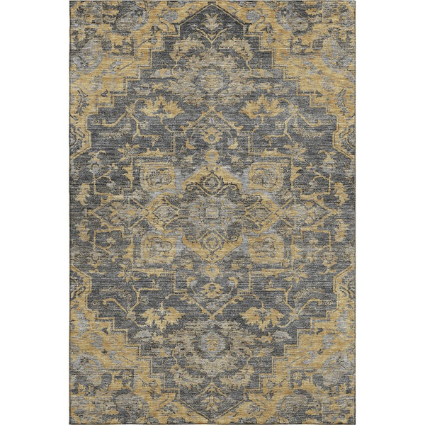 HomeRoots 5' X 8' Elegant Gray Gold & Silver Floral Medallion Area Rug – Washable, UV-Protected, Durable Design 664746
