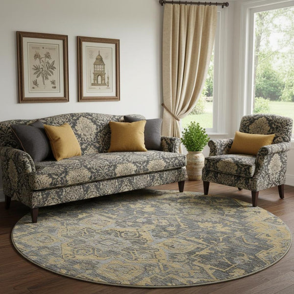 HomeRoots 8' Floral Medallion Round Rug in Gray, Gold & Silver - Washable, Stain-Resistant, UV Protected Decor 664747