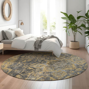HomeRoots 8' Floral Medallion Round Rug in Gray, Gold & Silver - Washable, Stain-Resistant, UV Protected Decor 664747