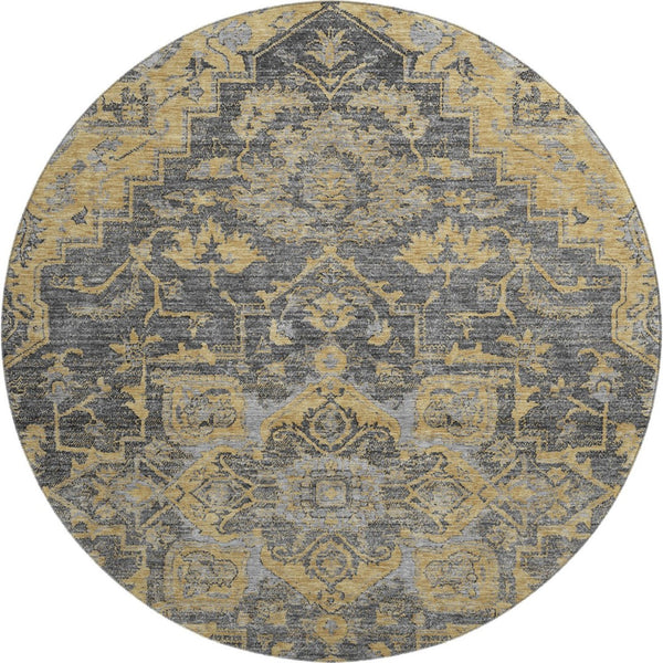 HomeRoots 8' Floral Medallion Round Rug in Gray, Gold & Silver - Washable, Stain-Resistant, UV Protected Decor 664747