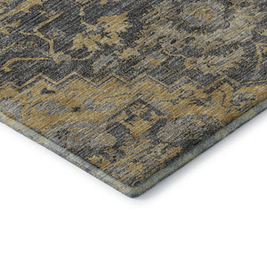 HomeRoots 8' Floral Medallion Round Rug in Gray, Gold & Silver - Washable, Stain-Resistant, UV Protected Decor 664747