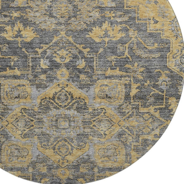 HomeRoots 8' Floral Medallion Round Rug in Gray, Gold & Silver - Washable, Stain-Resistant, UV Protected Decor 664747