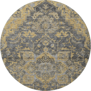 HomeRoots 8' Floral Medallion Round Rug in Gray, Gold & Silver - Washable, Stain-Resistant, UV Protected Decor 664747