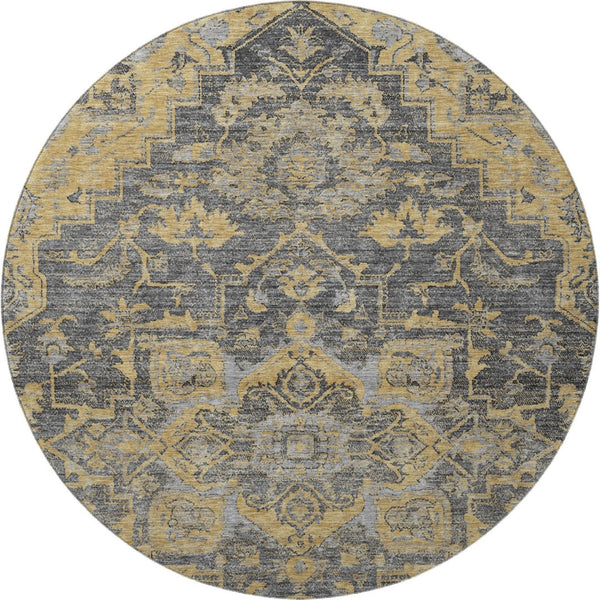HomeRoots 8' Floral Medallion Round Rug in Gray, Gold & Silver - Washable, Stain-Resistant, UV Protected Decor 664747