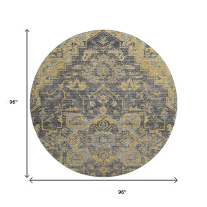 HomeRoots 8' Floral Medallion Round Rug in Gray, Gold & Silver - Washable, Stain-Resistant, UV Protected Decor 664747