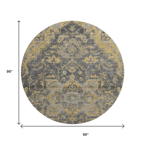 HomeRoots 8' Floral Medallion Round Rug in Gray, Gold & Silver - Washable, Stain-Resistant, UV Protected Decor 664747