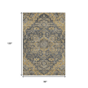 HomeRoots 8' X 10' Elegant Gray Gold Silver Floral Medallion Area Rug - Washable, UV Protected, Durable Design 664748