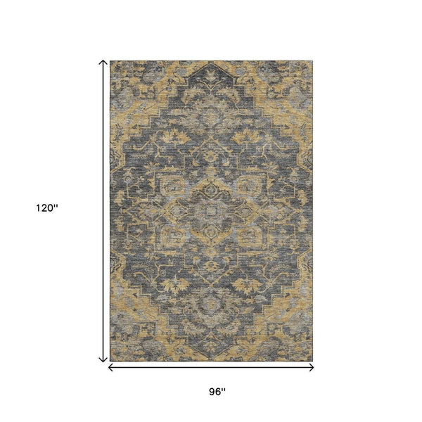 HomeRoots 8' X 10' Elegant Gray Gold Silver Floral Medallion Area Rug - Washable, UV Protected, Durable Design 664748
