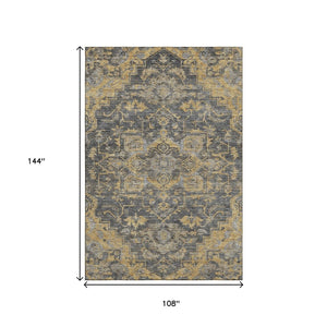 HomeRoots 9' X 12' Elegant Gray Gold Silver Floral Medallion Area Rug – Washable, UV Protected, Non-Slip! 664749