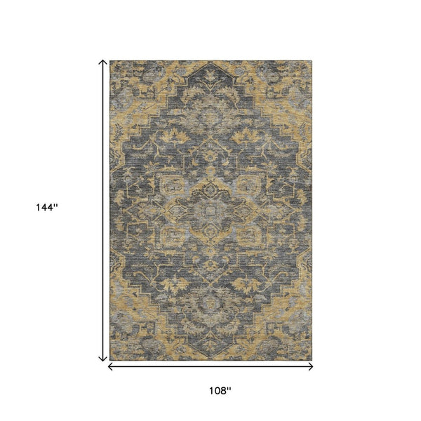 HomeRoots 9' X 12' Elegant Gray Gold Silver Floral Medallion Area Rug – Washable, UV Protected, Non-Slip! 664749