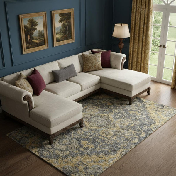 HomeRoots 9' X 12' Elegant Gray Gold Silver Floral Medallion Area Rug – Washable, UV Protected, Non-Slip! 664749