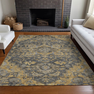 HomeRoots 9' X 12' Elegant Gray Gold Silver Floral Medallion Area Rug – Washable, UV Protected, Non-Slip! 664749