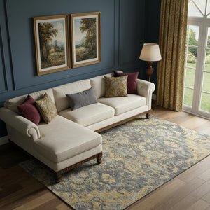 HomeRoots 10' X 14' Washable Area Rug in Gray Floral Medallion with UV Protection for Elegant Living Spaces 664750