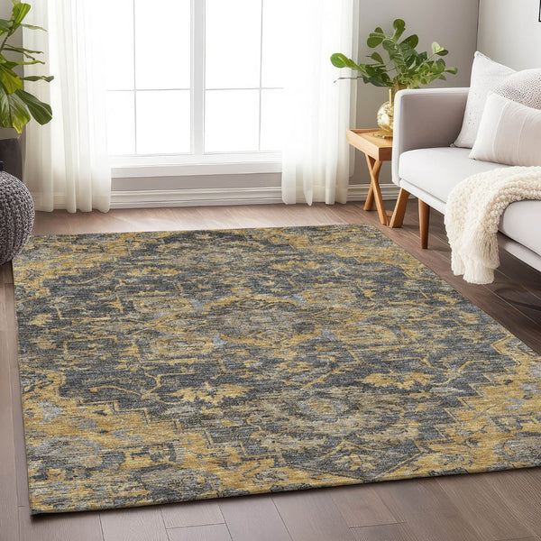HomeRoots 10' X 14' Washable Area Rug in Gray Floral Medallion with UV Protection for Elegant Living Spaces 664750