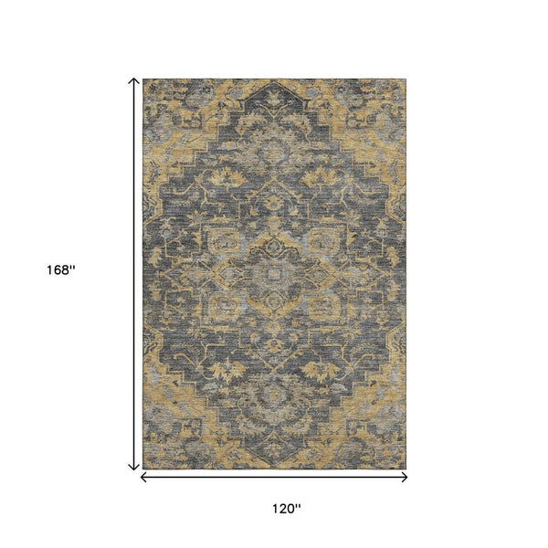 HomeRoots 10' X 14' Washable Area Rug in Gray Floral Medallion with UV Protection for Elegant Living Spaces 664750