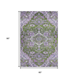 HomeRoots 5' X 8' Elegant Floral Medallion Area Rug in Olive Green, Purple & Gray – Washable & UV Protected! 664752