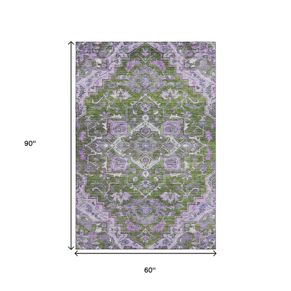 HomeRoots 5' X 8' Elegant Floral Medallion Area Rug in Olive Green, Purple & Gray – Washable & UV Protected! 664752