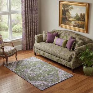 HomeRoots 5' X 8' Elegant Floral Medallion Area Rug in Olive Green, Purple & Gray – Washable & UV Protected! 664752